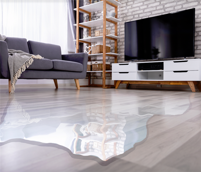a flooded living room with water covering the hardwood floor